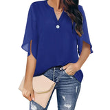 Fongt Women's Women's Short Sleeve Elegant Casual Solid Color V Collar Chiffon Shirt Chiffon