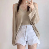 Shoulder Sexy Long Sleeve Cover Up Blouse Women Loose Sunscreen V-neck Tops Elegant Summer Casual Ice Knit Long Shirts