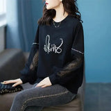 Lace Patchwork Pullovers Female Clothing Casual Round Neck Loose Spring Autumn Printed Korean Long Sleeve Sweatshirts-Outfit