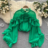 Fongt Sense Irregular Flounce Mesh Shirt Female Spring Autumn Sleeve Fold Small Slim Chic Jacket Tide-Outfit