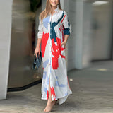 Fongt Spring And Summer Women's Fashion Casual Printing Loose Open Fork Bag Long Shirt Shirt Dress