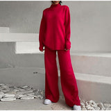Fongt New Hot Pure Color Knitted Jacket High-Collar Sweater Set Loose Top + Pants Women