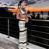 Fongt Striped Bikini Knitted Vest Sling Suit Beach Bohemian Style Long Dress