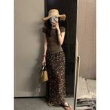 Fongt Fashion Style Slim Slim Solid Color Coat With Broken Flower Skirt Set