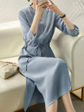 Dresses for Women Three Quarter V-Neck High Waist Slim Long Dresses Drawstring Waistband Vented Hem Simple Shirt