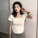 Fongt 2024 New Pure Desire Wind Big U-Collar Hot Girl Top Show Slim Slim Irregular Short-Sleeved T-Shirt Female