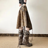 Fongt Wasteland Breeze Niche Design Lattice Crash Color Irregular Splicing Lace Open Forked Retro Skirt New