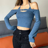 Fongt Pure Desire Wind Hot Girl Women's Sexy V Neck Hanging Neck Exposed Back Strap Vest One Word Collar Long Sleeve Vest