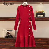 Winter Vintage Elegant Knit Black Red Party Dress Women Long Sleeve Buttons Sweater Warm Mermaid