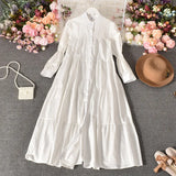 Temperament Aging Solid Color Simple Dress Autumn Dress Korean Version Fashion Bubble Long Sleeves Show Thin Button Long Skirt Women-Outfit