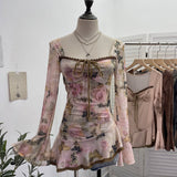 Spring And Summer New French Style Tie Dyed Horn Long-Sleeved Lace Side Design T-Shirt