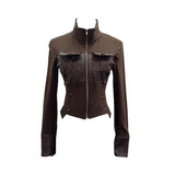 Fongt Modern Zipper Collar Spliced Pu Leather Shirt Babes Short Jacket Coat Fur Coat 1365