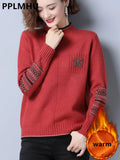 Thicken Plus Velvet Sweater Women Winter Warm Casual Loose Knitted Tops Korean Printted Pullover Soft Sweter Damski