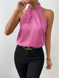 Fongt Women's Clothing 2025 Summer New Color Clove Hanging Neck Sleeveless Vest Ribbon Simulation Silk Top