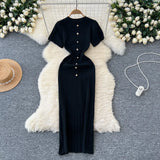 Fongt Style Temperament Knitting New High-End Collar Single Buckle Short Sleeve Slimming French Style Long Dress