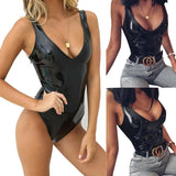 Fongt Ladies PVC Bright Leather Onesie Sexy Zipper Open Strap Leather Vest Size Accurate-Outfit