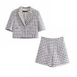Women Summer Tweed Plaid Blazers Short Coat Vintage Short Sleeve Female Outerwear And High Waist Casual