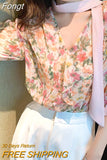 Floral Print Chiffon Blouse Women Korean Elegant Bow Tie Scarf Collar Sweet Shirts Loose Casual Short Sleeve Tops