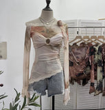 Fongt Shooting Lace Splicing Oblique Shoulder Thin Tie-Dye Mesh T-Shirt Girl T-Shirt T-Shirt Shawl T-Shirt 9986