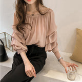 Fongt New Korean Version Of Temperament Word-Collar Shoulder Chiffon Shirt Women Loose Bubble Tops Thin Solid Color Bottom Shirt