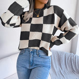 2025 Street Wind Hit The Color Lattice Long-Sleeved Knitted Sweater Women's