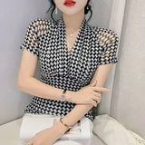 Sexy Slim Houndstooth Pullovers All-match Stylish Patchwork Casual 2023 Female Clothing Elegant V-Neck Commute T-shirt-Outfit