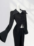 Fongt Earth Wind Unique Top Show Waist Short Black POLO Pointed Collar Draw Rope Horn Sleeve Shirt Forest Witch Wear-Outfit