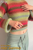 Vintage Rainbow Striped Knitted Sweaters Autumn Winter Crimping Long Sleeve Cropped Pullovers Jumpers Streetwear Chic