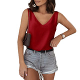 Solid Color Satin Vest V-Collar Casual Sling Sleeveless Shirt Summer Basic Style-Outfit