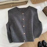 Fongt Line Single Row Small Gold Button Round Collar Knitted Vest Cardigan Woman Sleeveless Shoulder Vest Top