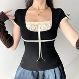 Lace Patchwork Square Neck Short Sleeve Tee-Outfit