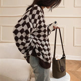 2022 New Checkerboard Spring Winter Women Sweaters Pullovers Checkered Vintage Korean Fashion Elegant Tops