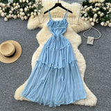 Fongt Tea Break Retro Sling Dress Women's Holiday Wind To Show Thin Folds Design Long Skirt