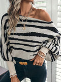 Fongt Autumn And Winter Sweater Women Loose Knitted Zebra Pattern One-Word Shoulder Bat Sleeve Coat