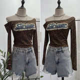 Fongt Girls Letter Sticker Leopard Long-Sleeved T-Shirt 2025 Autumn New Thin Short Top 1112