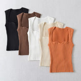 Fashionable Women's Dress Square Collar Wavy Vest Vertical Pit Strip Slim Body Navel Short Solid Color Sleeveless Blouse-Outfit
