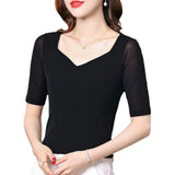 Half Sleeve T Shirt Women Spring Summer Black Tee Shirts V Neck Tops Femme Stretchy T-Shirts-Outfit