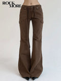 Brown Low Rise Flare Jeans for Women Streetwear Y2K Aesthetic Cargo Jean Pants Vintage Denim Trousers Grunge Fairycore-Outfit