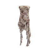 Solid Shot Tie Net Yarn Printing Irregular Ribbon Three-Dimensional Flowers Small Man With Chest Short Skirt Dress Dress