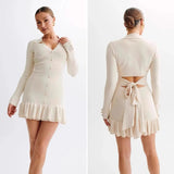 Fongt Bow Tied With Lot Of Leaves Side Of The Knitted Dress Pearl Buckle Long-Sleeved Little Scented Style Dress