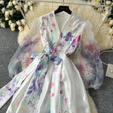 Fongt Spring Spring Court Wind Positioning Print Cross V-Neck Tie With Belt Mesh Long Sleeves Spliced Dress