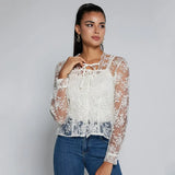 See Through Lace Chiffon Blouse Women Sweet French Square Collar Flower Lace-up Mesh Shirt Loose Long Sleeve Top