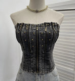 Fongt Shooting Retro Do Old Zipper Niche Vest Rivet Water Wash Denim Braid Short Open Shirt Wrapped Brae 8901