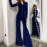 Fashion Velvet Splicing Print Long Sleeve Broad Leg