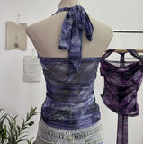 Fongt Shot Tie-Dye-Dyed Denim Print Folding Mesh Sling Sling Sling Neck With Bow Striped Backwear 9921