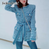 Vintage Blue Denim Jacket With Belt Waisted Ripped Hole Women Coat 2022 Spring Long Sleeve Pockets Streetwear