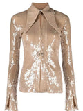STREET Newest 2023 Designer Blouse Women's Flare Sleeve Glitter Sequined Gauze