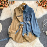 Spliced Corduroy Lapel Dress 2023 Autumn And Winter New Korean Version Waist Shows Thin Irregular Medium Length-Outfit