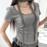 Fongt Hottie Style Solid Color Lace Splicing Short Sleeves Around The Neck Coat Folded Waist Collar Casual T-Shirt Short