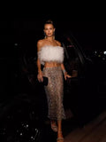 New Summer Famous Sexy Hot Diamond Camel Burried Burried Bosom Boat Dress Two-Piece